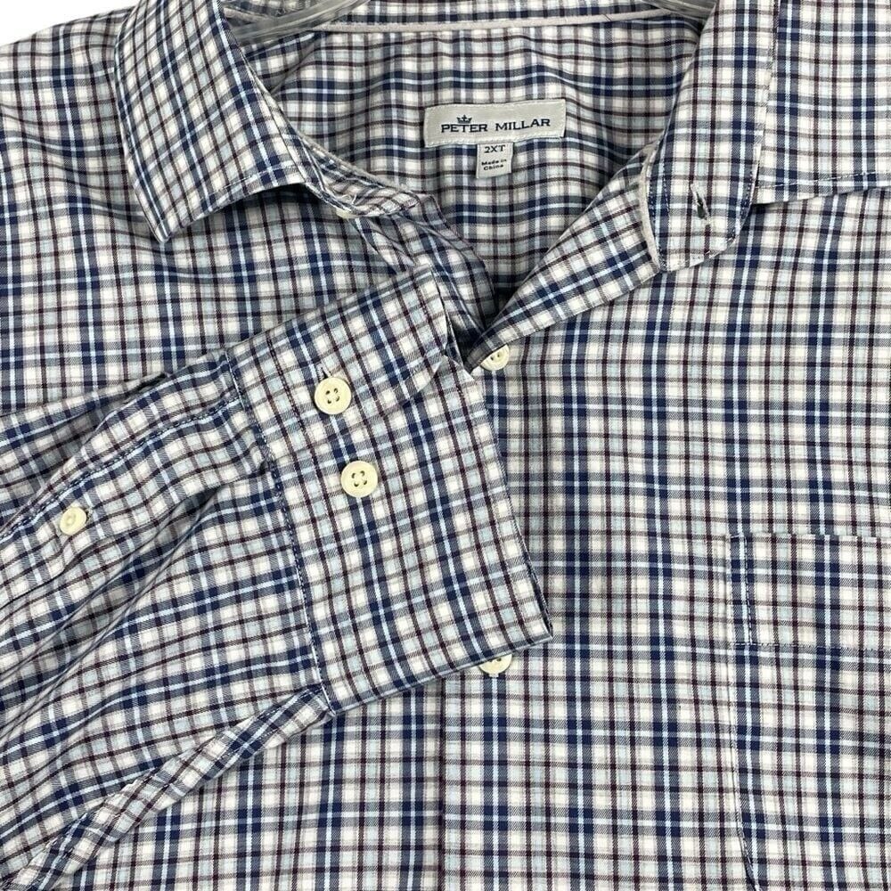 Men's Peter Millar Multi-Tone Blue & Brown Plaid Long Sleeve Button DN 2XLT 0013 - Picture 1 of 9